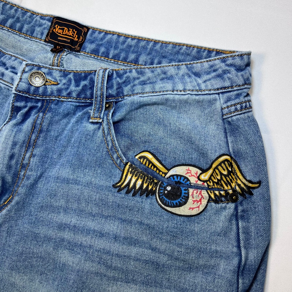 Von Dutch Wide Leg Jeans Womens 13 Blue Medium Wash Y2K Baggy Logo Patch Graphic - Picture 12 of 16